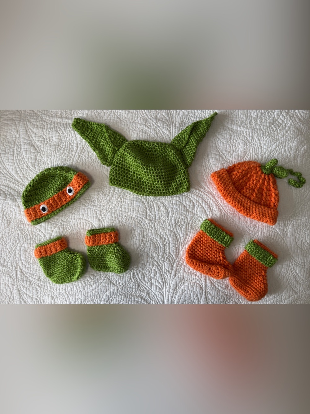 Handmade Crochet Baby Costume Set Ninja Turtle Yoda Pumpkin Hats Booties Newborn